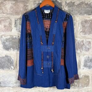 Nancy Bolen City Girl Women's Blue Textured Patterned Button Up Long‎ Sleeve Top